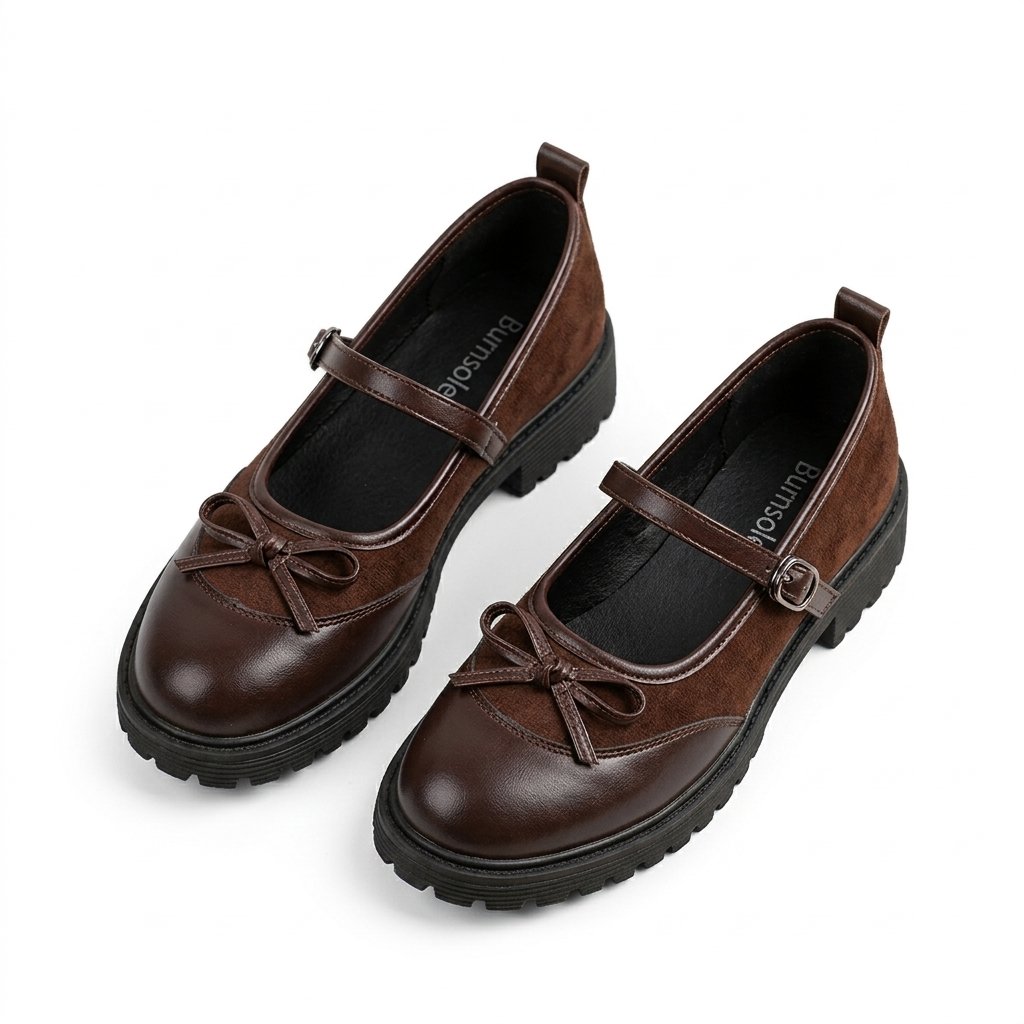 Brown Suede Bow Strap Mary Jane Loafers
