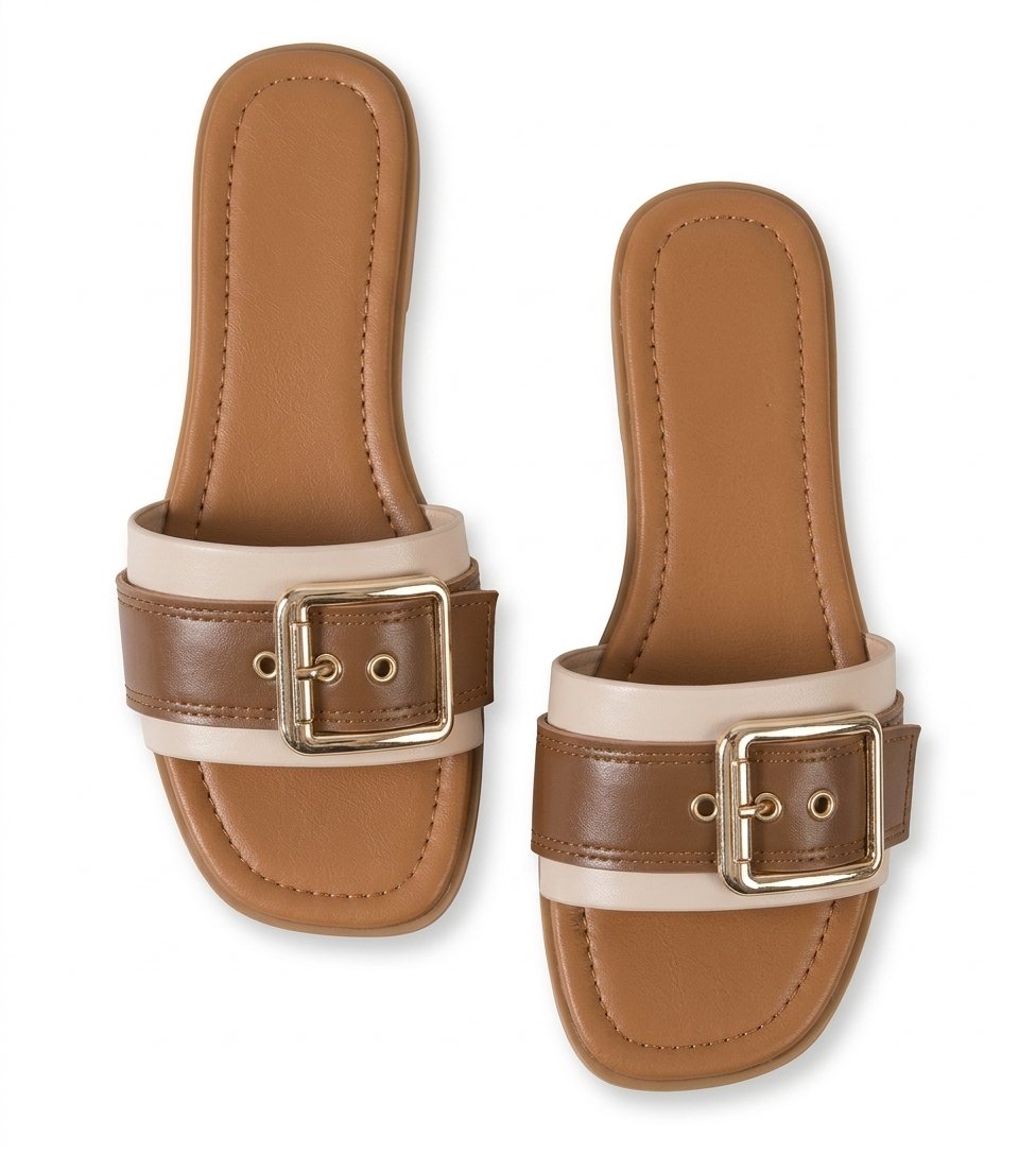Classic Dual-Tone Buckle Flat Slide Sandals