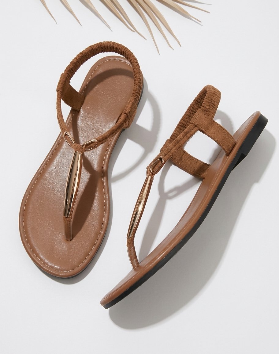 Tan Metallic T-Strap Flat Sandals