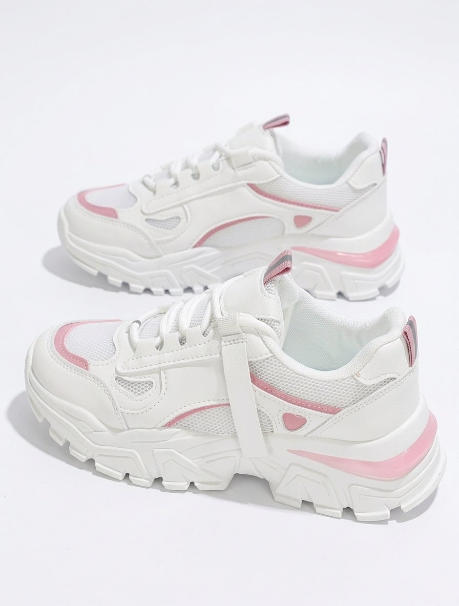 White & Pink Butterfly Trim Chunky Sneakers